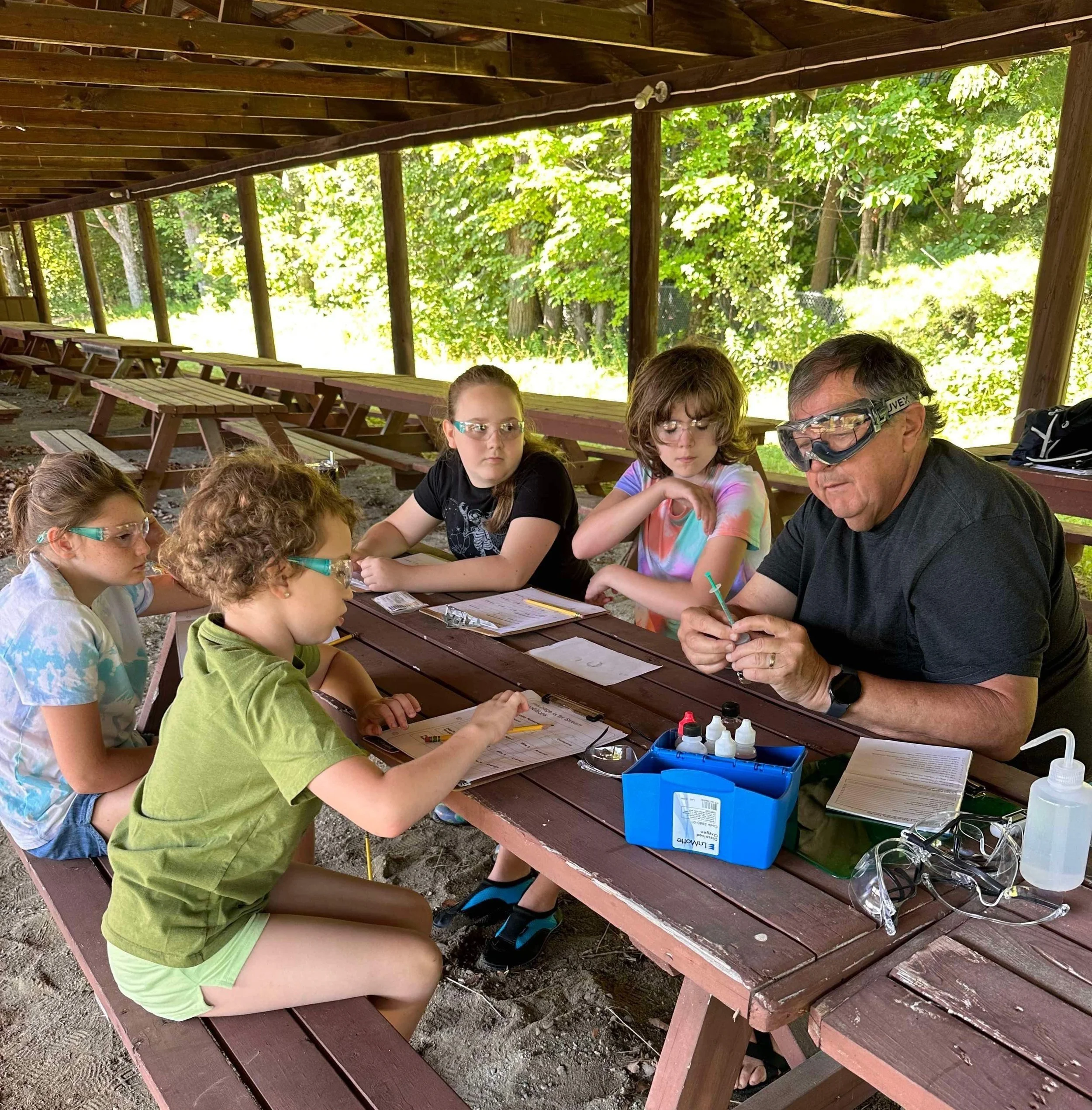 A group of children and an adult sitting at a wooden picnic table under a shelter outdoors, participating in a science activity with safety goggles, lab equipment, and notes, surrounded by trees.