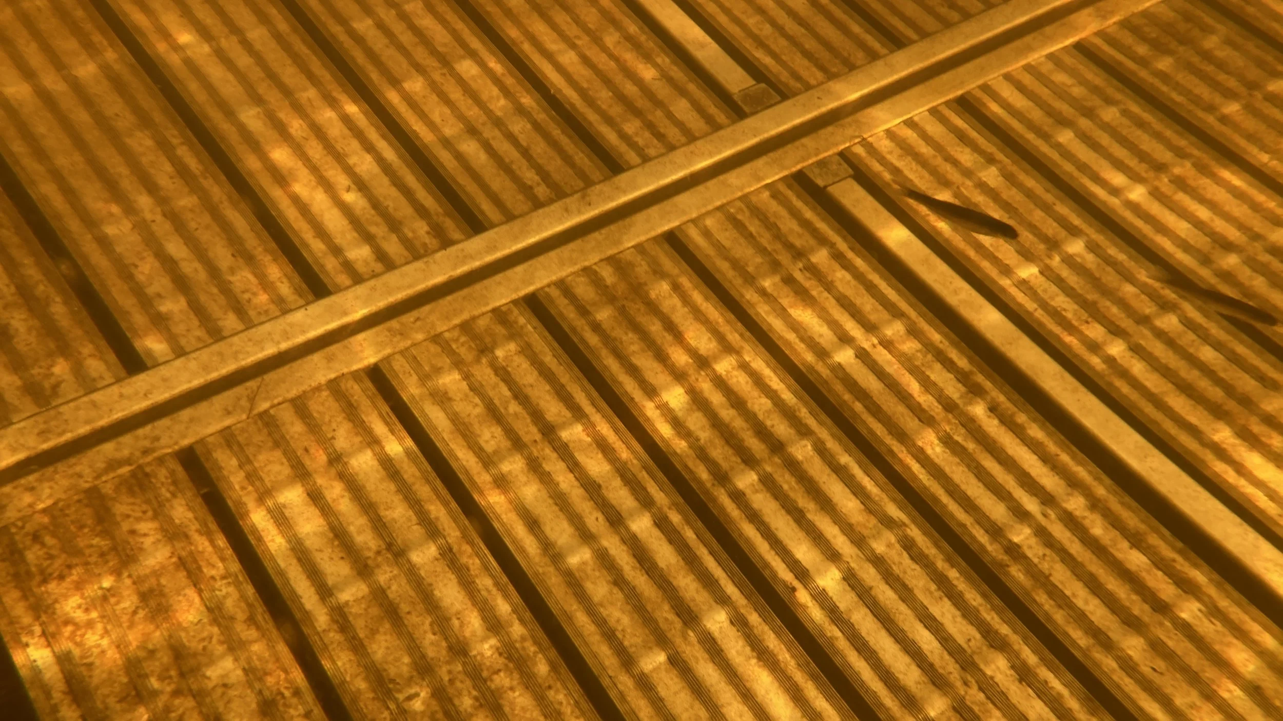 Close-up of a metallic escalator step with a yellowish hue, showing a textured, striped pattern and a guiding line running diagonally across the image.