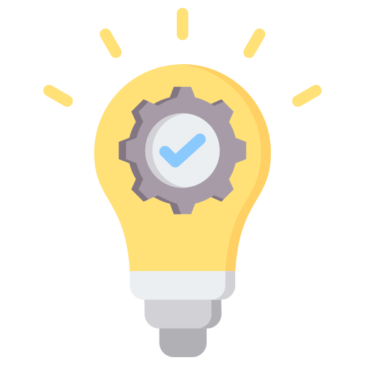 A light bulb with a gear and checkmark inside, symbolizing an idea or solution.