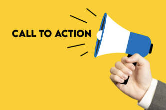 Hand holding a megaphone with the text 'CALL TO ACTION' on a yellow background.