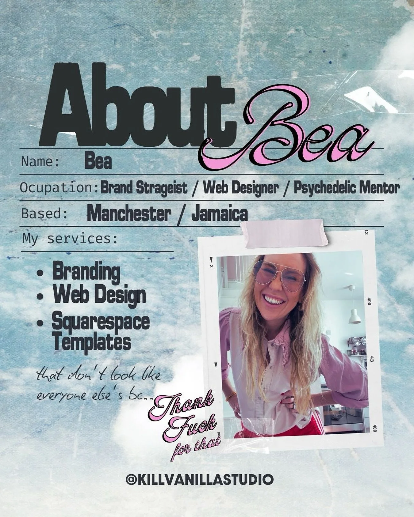 A dreamer, a doer, a mover and a maker.

A one-woman rock &lsquo;n roll band, solopreneur, single mum, psychedelic advocate, fierce feminist, and rebel hearted founder of Kill Vanilla Studio.

Here to get real, champion standing out, embracing your q