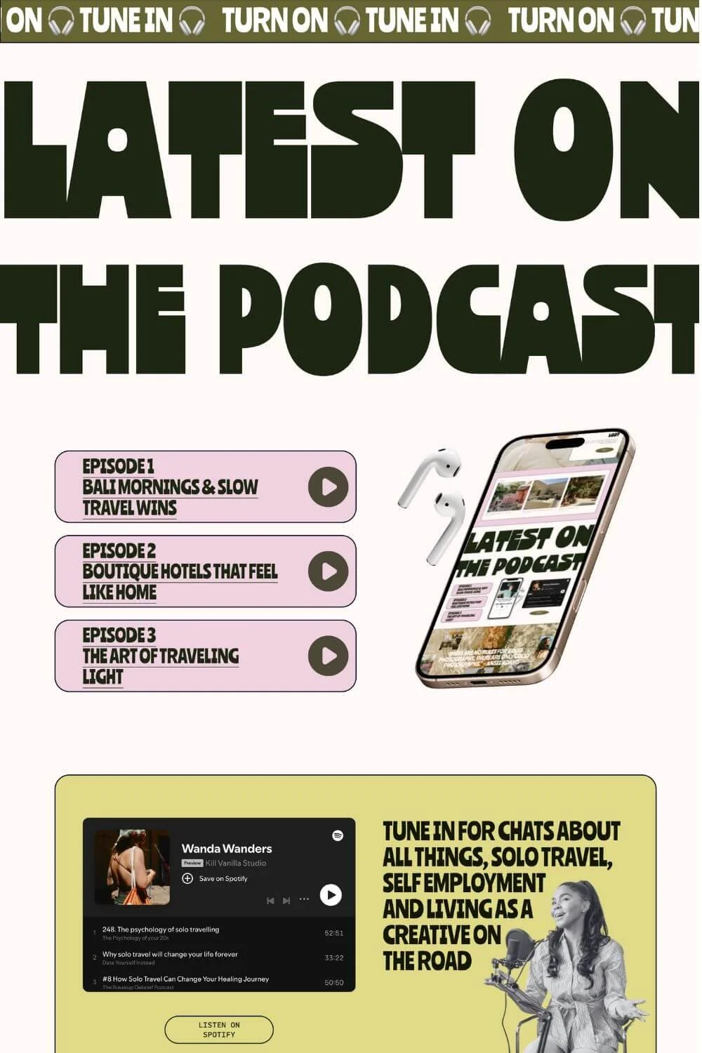 fun and unique one page website for photographers, podcast and blog