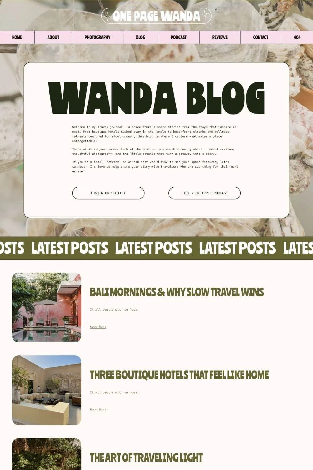 fun and unique one page website for photographers, podcast and blog