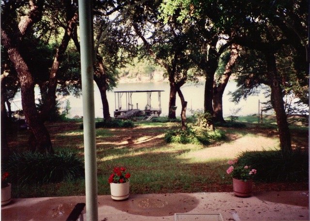 View of a lakeside garden with trees, potted flowers, and a boat dock in the background.