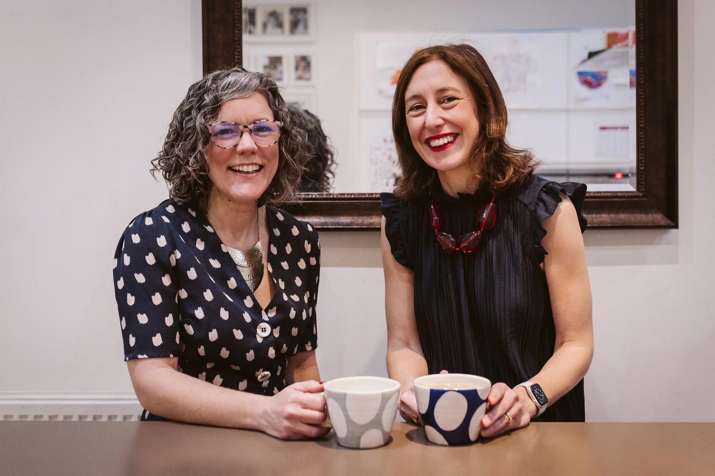 chloe fletcher and laura walker of the jobshare revolution drink coffee and smile