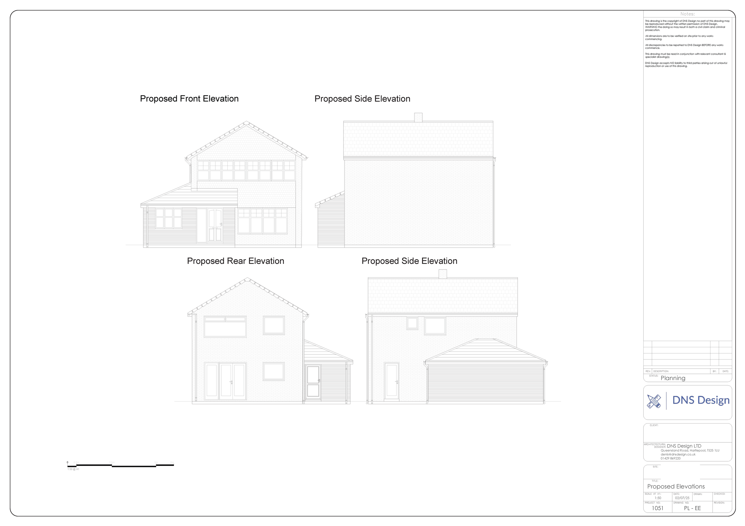 Architectural blueprint showing proposed front, rear, and side elevations of a residential building.