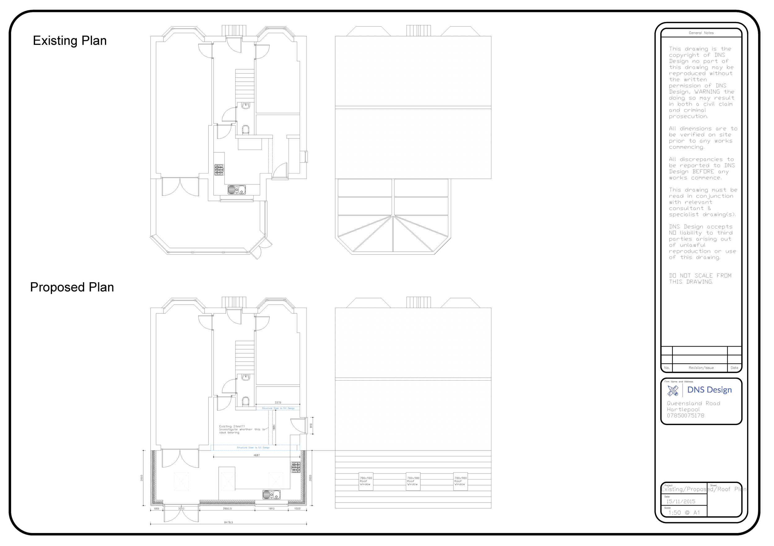 Architectural plans showing an existing and proposed floor plan of a building, including room layouts, stairs, doors, and measurements, with notes and company information on the right side.
