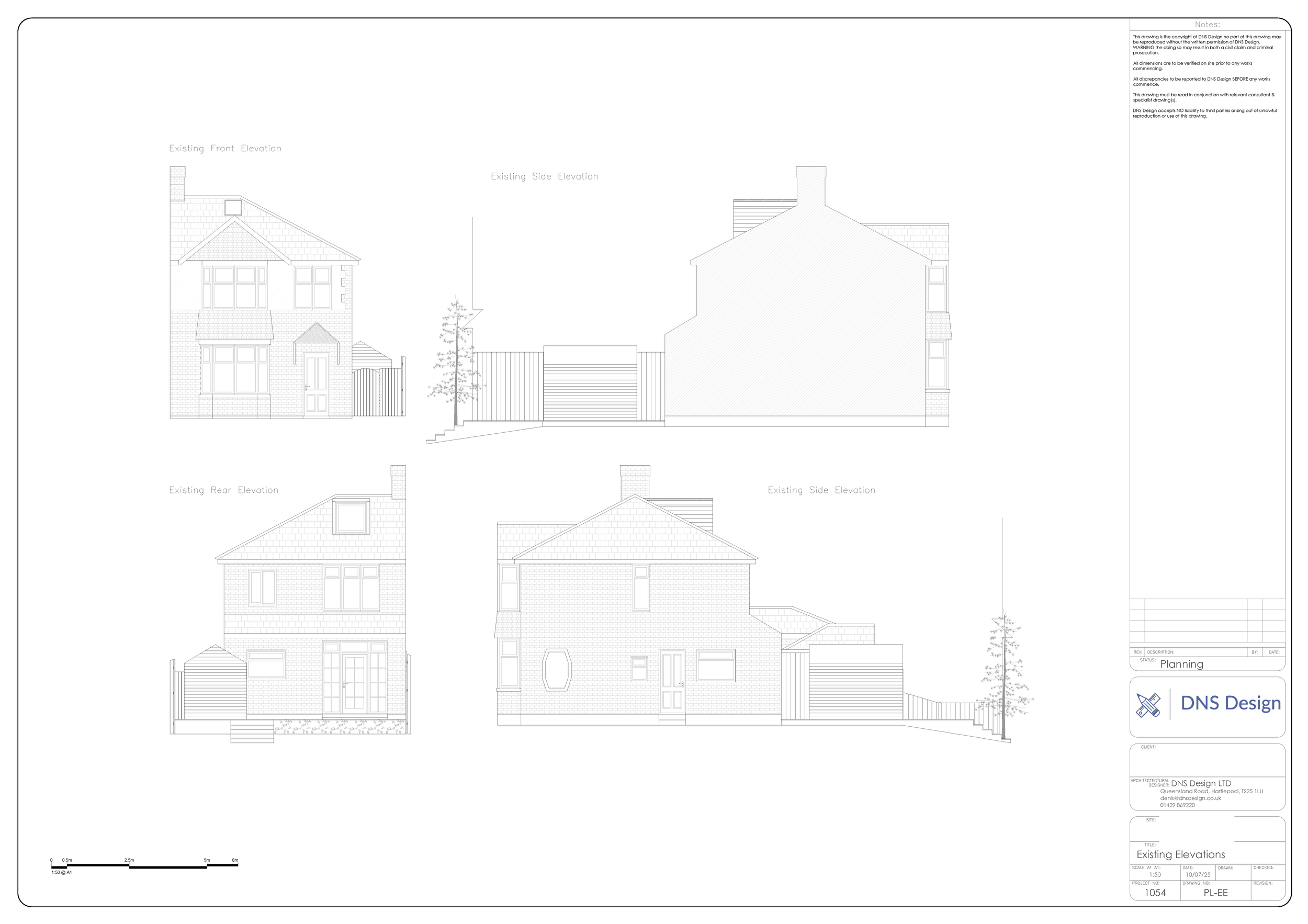 Architectural blueprint showing four views of a house: front elevation, rear elevation, and two side elevations, with notes and scale details.