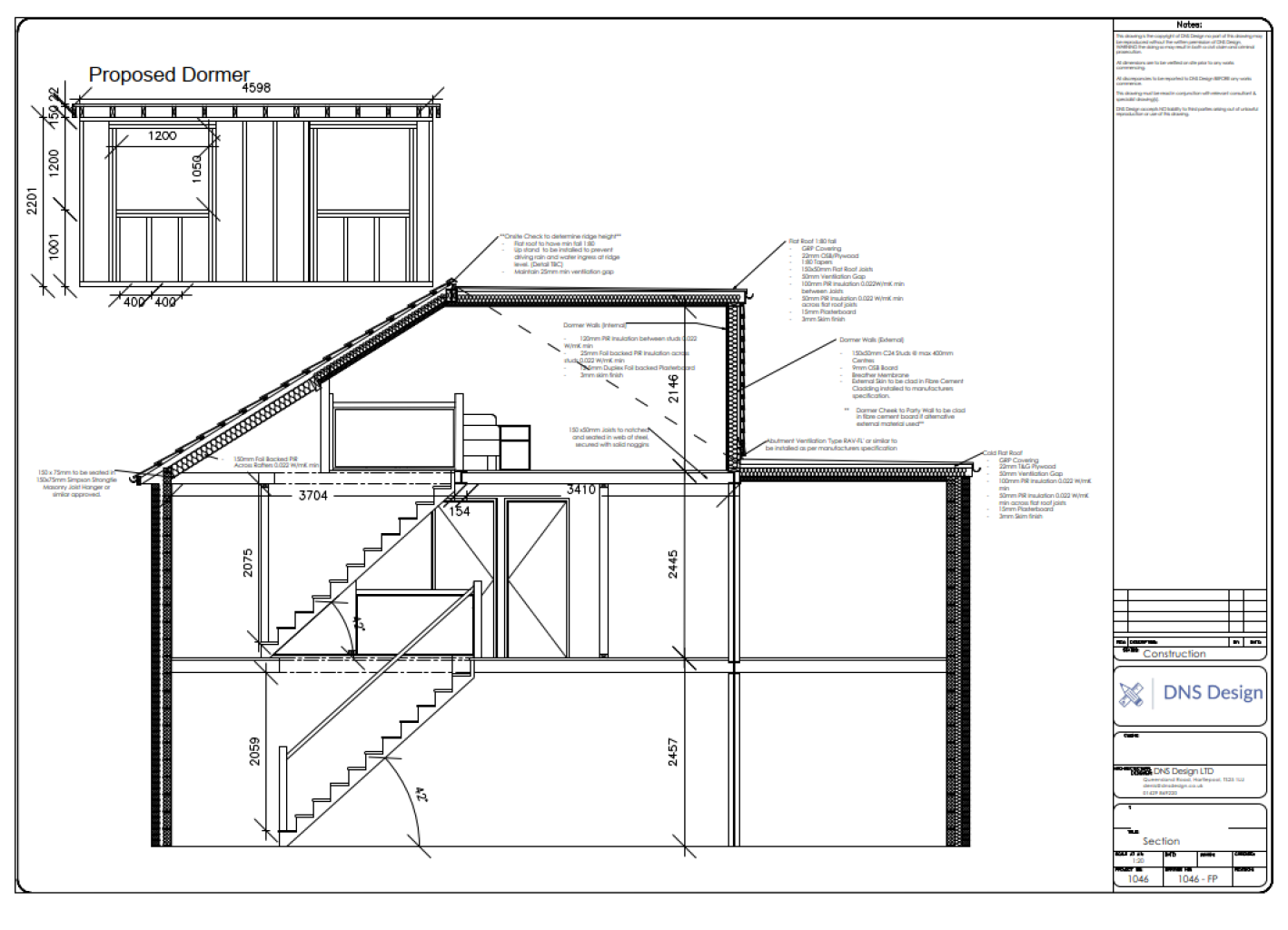 Architectural section drawing of a proposed dormer with detailed measurements and construction notes.