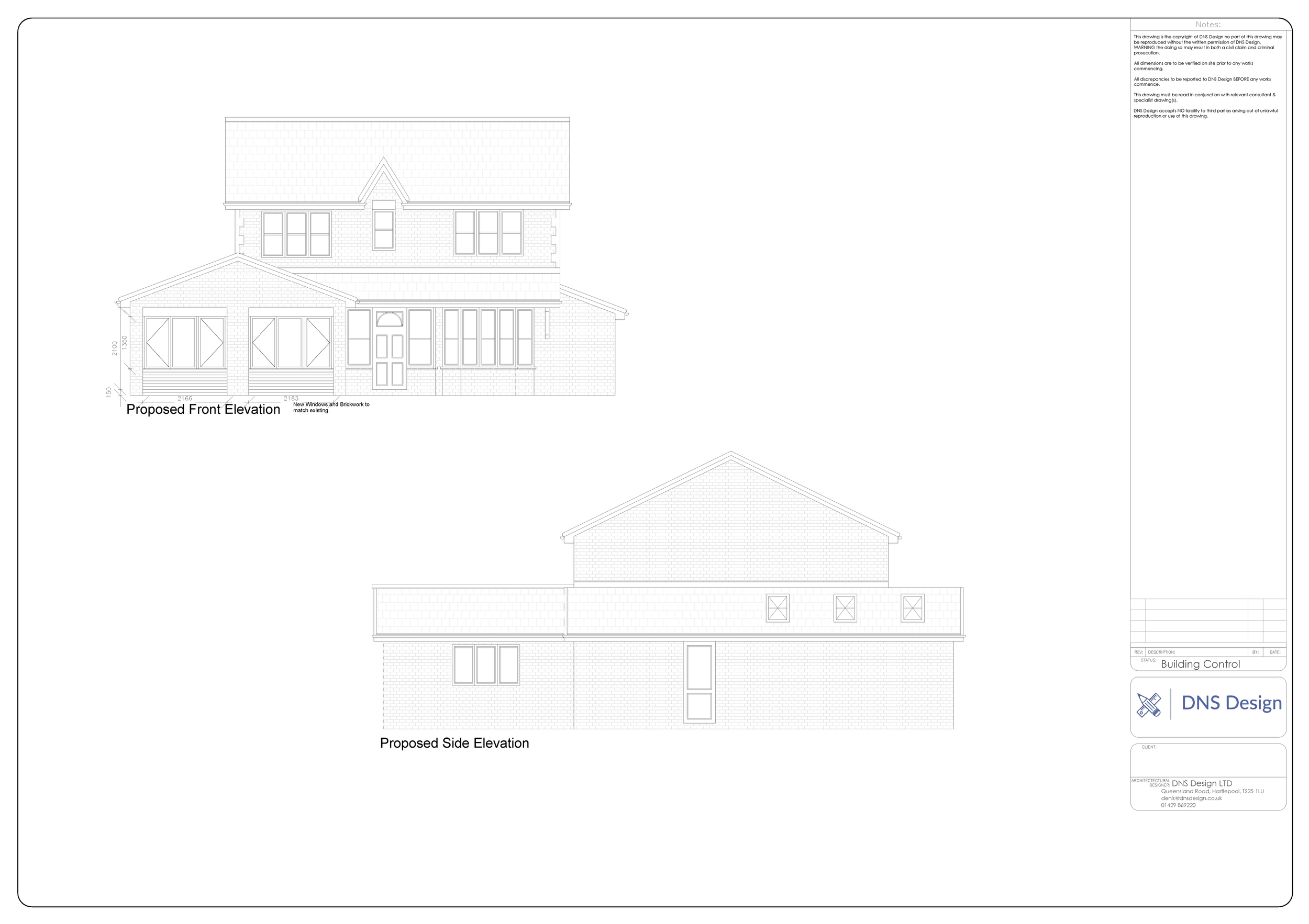 Architectural blueprint of a house showing proposed front and side elevations with detailed measurements and notes, including new windows and blackout to match existing.