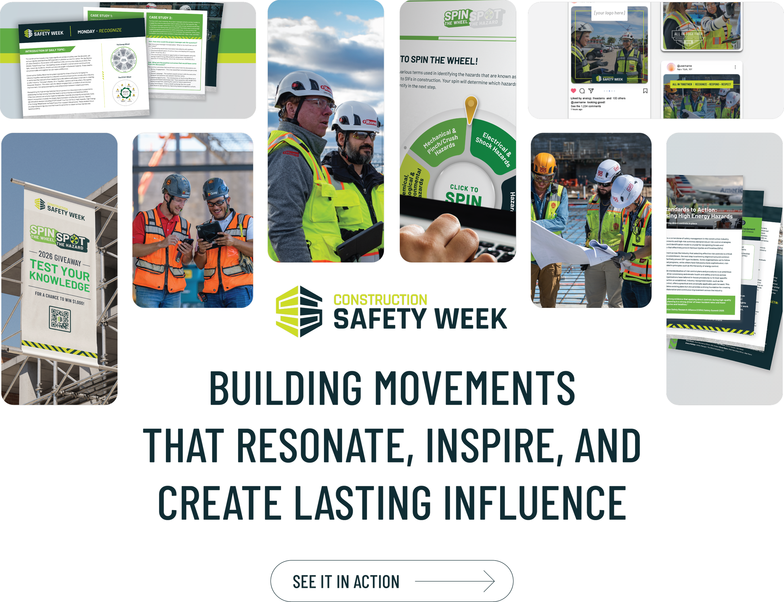 a collage image of different tactics and deliverables used to support the construction safety week campaign as well as images showing construction/craft workers working together