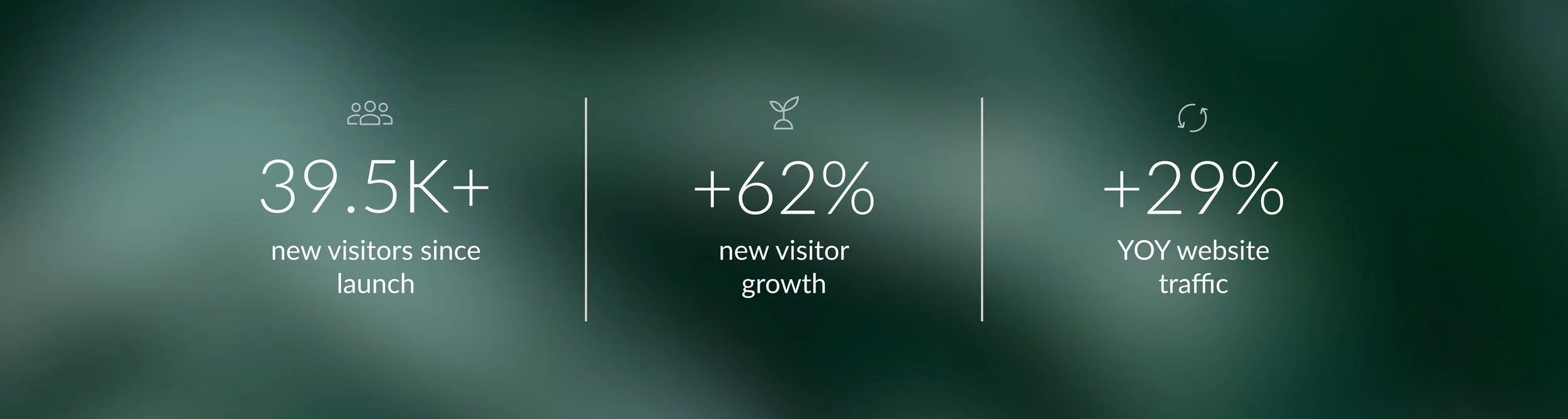 39.5k+ new visitors since launch, +62% new visitor growth, +29% YOY website traffic