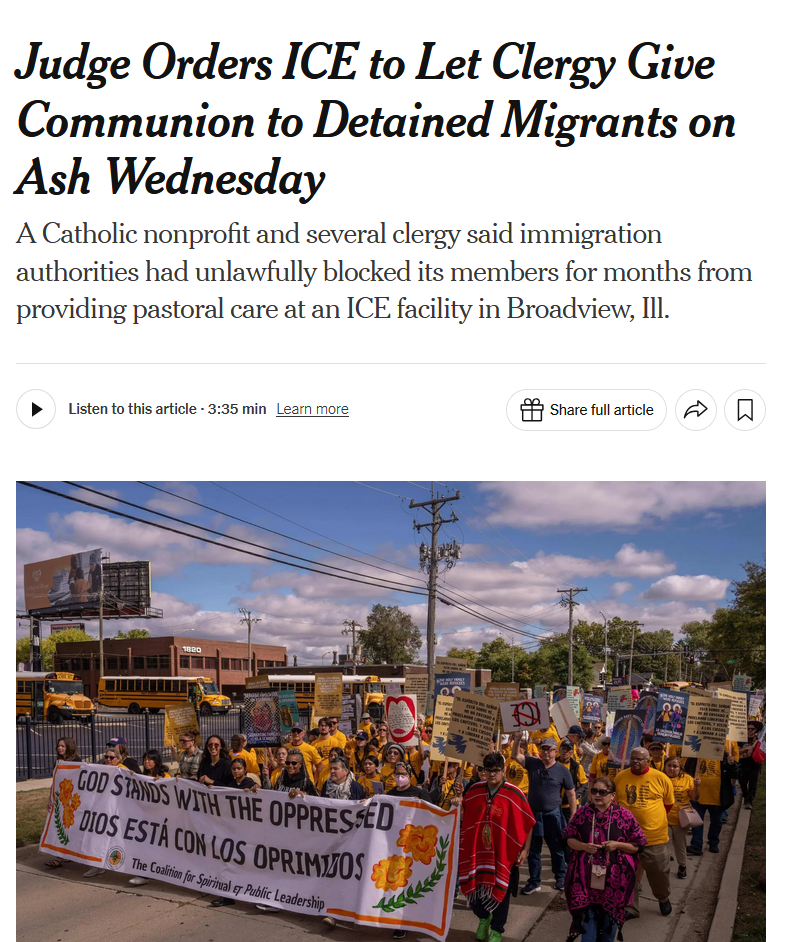Judge rules ICE must let religious leaders&nbsp;into&nbsp;Illinois facility&nbsp;for Ash Wednesday&nbsp;