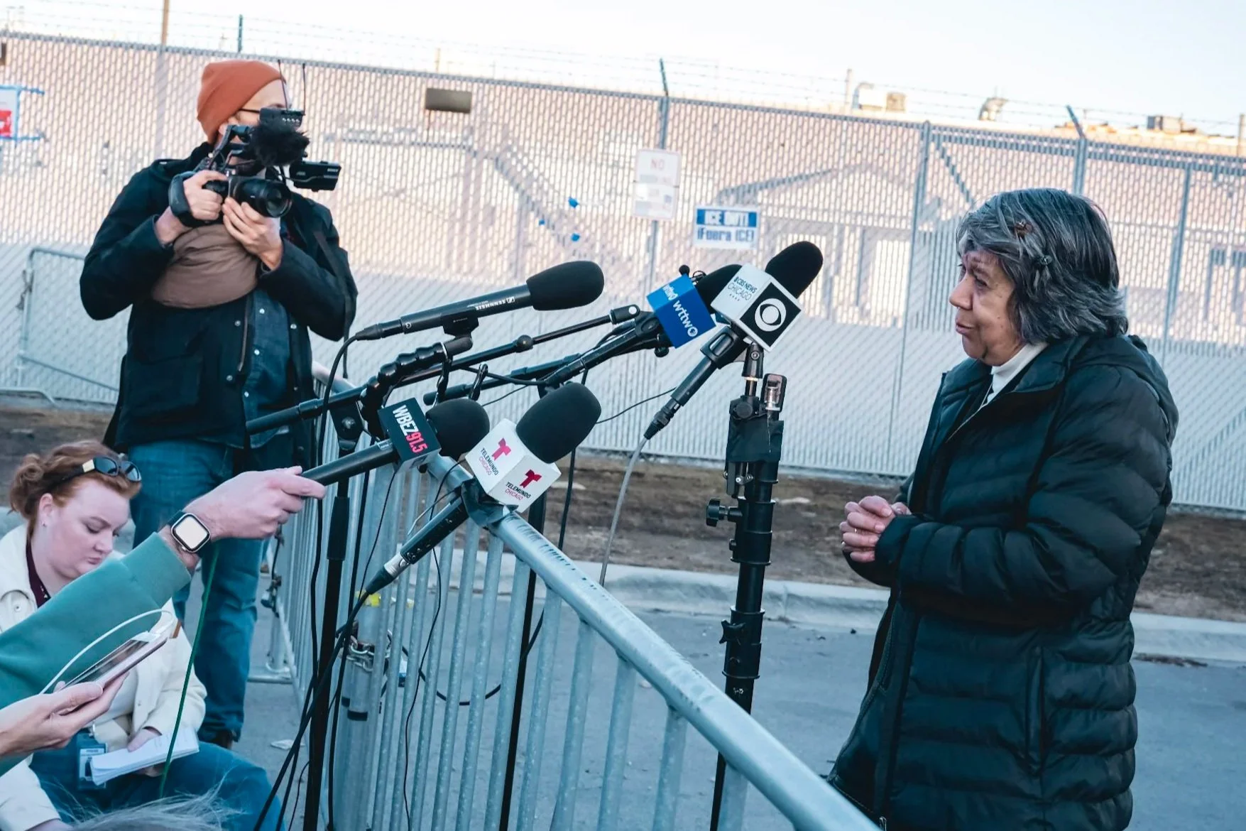 Sr. Alicia Gutierrez provides a statement to several major news outlets after bringing pastoral care into the Broadview ICE facility on Ash Wednesday