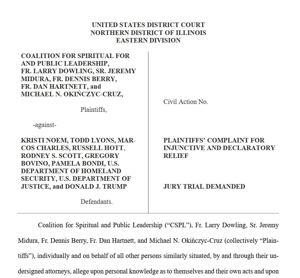 A screenshot of the lawsuit filed by CSPL clergy and women religious alleging the violation of religious freedom by the Department of Homeland Security.