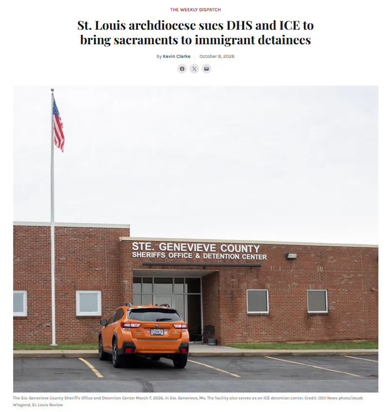 America Magazine webpage for St. Louis archdiocese sues DHS and ICE to bring sacraments to immigrant detainees with a photo of the Ste. Genevieve County Sheriffs Office & Detention Center