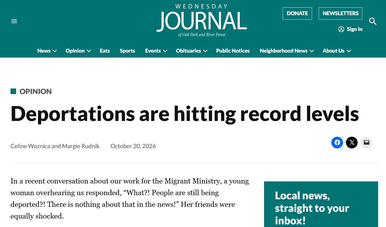 Screenshot from the website of the Wednesday Journal of Oak Park & River Forest Deportations are hitting Record Level article