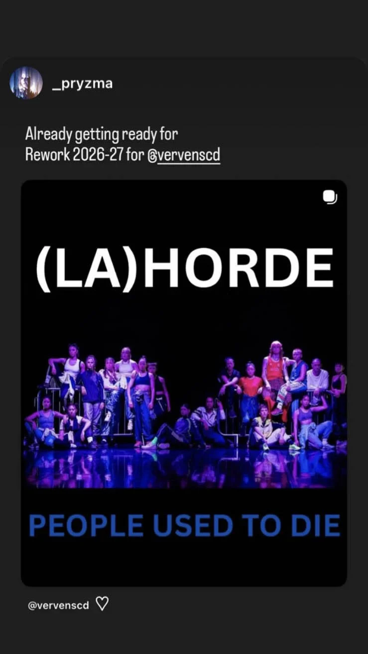 Instagram post by Verve with a photograph of large group of dancers stood definatly on a dark stage - performers of (LA) HORDEs  People Used To Die