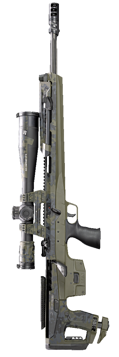 Langgewehr mit Tarnmuster, Zielglas, Silencer und Schulterstütze auf schwarzem Hintergrund.