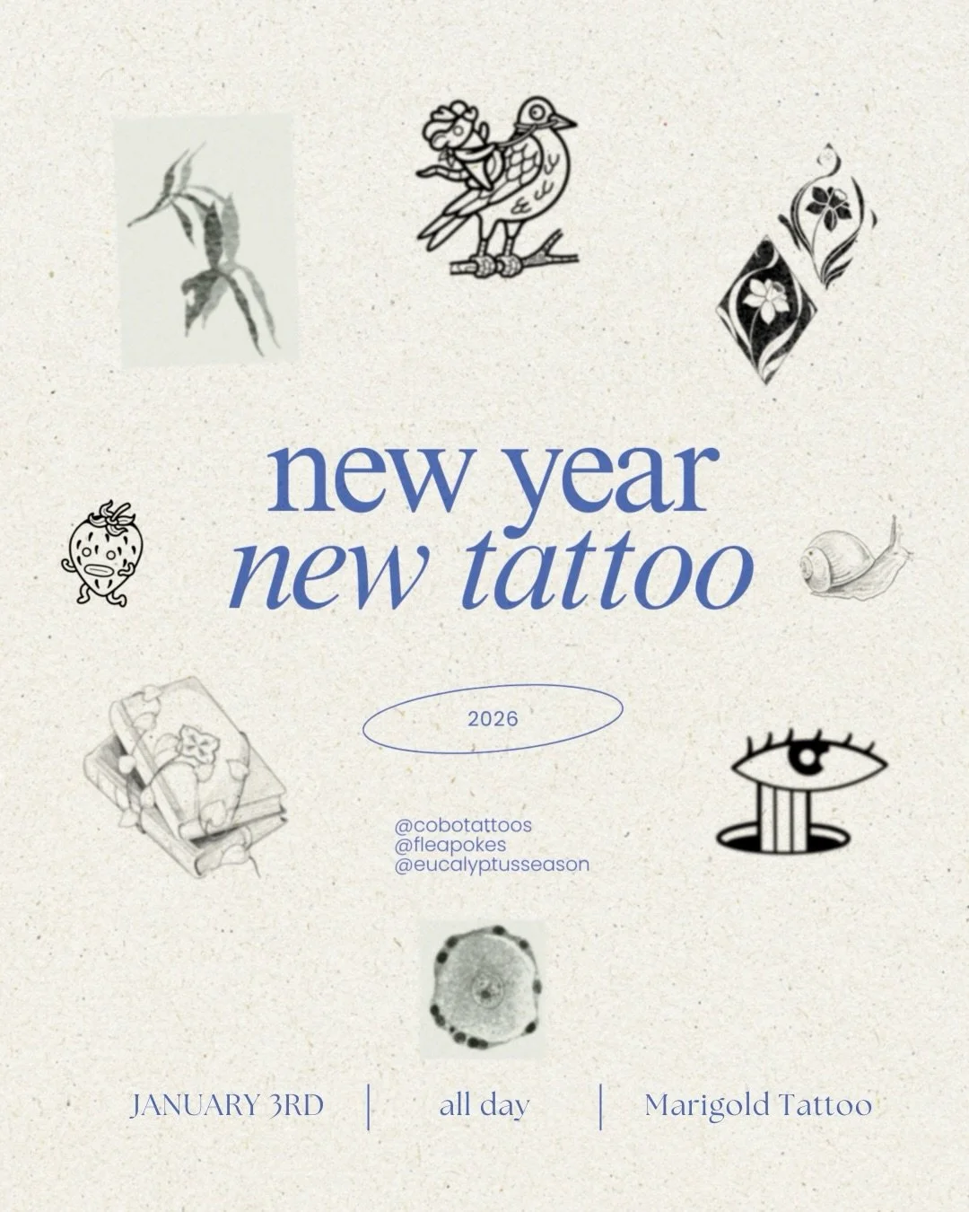 ✨❤️&zwj;🔥 New Year, New Tattoo ✨you can begin your new year supporting local artists and getting new ink @marigold.tattoo ✍️ 

Join @cobotattoos @fleapokes and @eucalyptusseason at Marigold Tattoo this Saturday, January 3rd. We&rsquo;ll have both wa