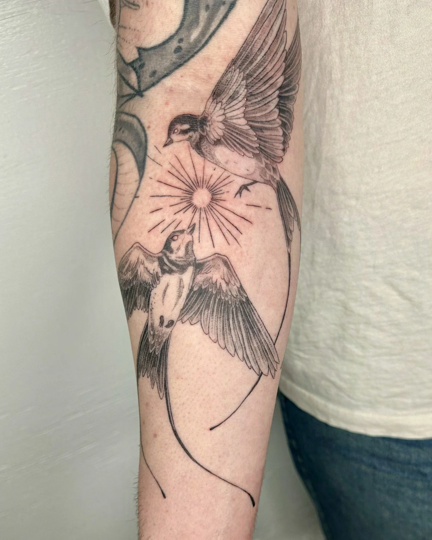 still so in love with these swallows for Anthony 🕯️✨ thank you so much for your trust, it&rsquo;s always amazing to spend a day with u

books are open for January &amp; February @marigold.tattoo 

much love,
M
