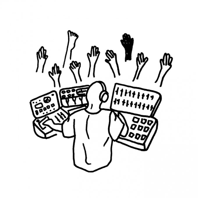 A person wearing headphones operating a DJ mixing console with raised hands and a crowd in front.