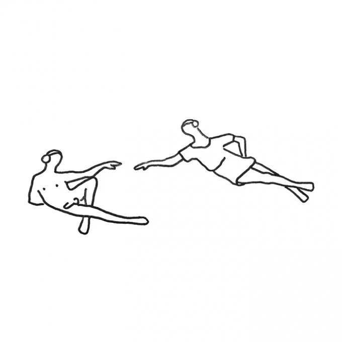 Line drawing of two people floating or swimming in water, reaching out towards each other.