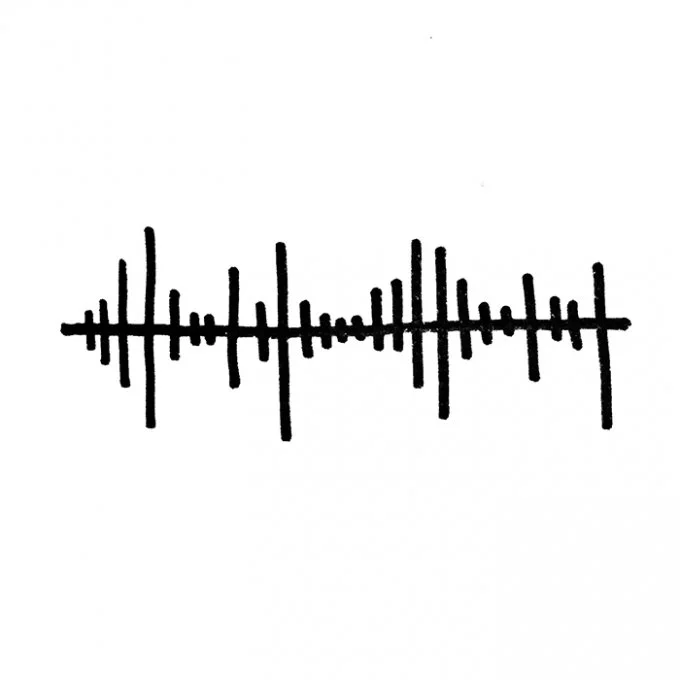 A black and white drawing of a sound wave or audio waveform on a white background.