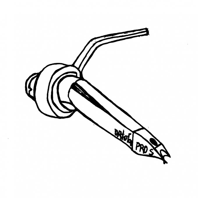 A black and white drawing of a combination of a surfboard wax comb and a pen, with the words "DUST OFF PRO" written on the pen.