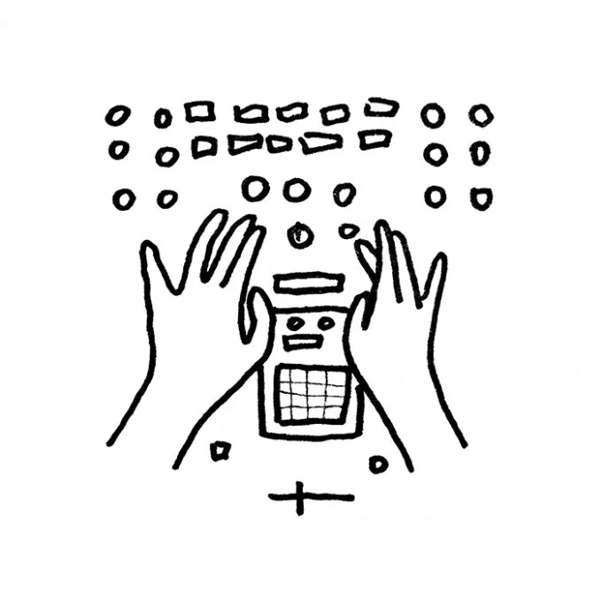 Line drawing of a person holding a calculator near their face, with small shapes and squares above, and a plus sign below.
