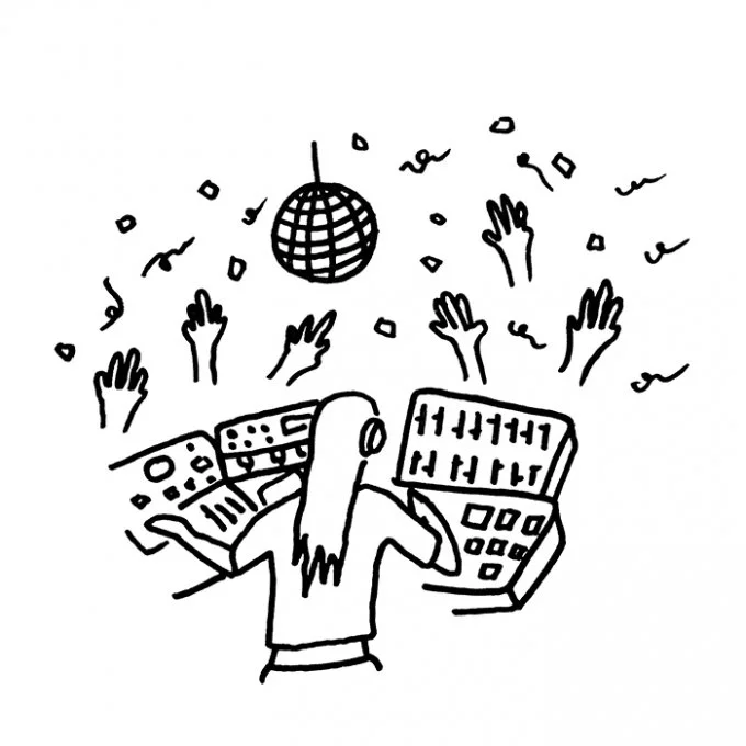 Line drawing of a DJ at a turntable setup with a disco ball above and hands raised in the crowd.