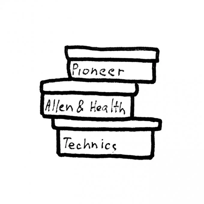 Drawing of four stacked books labeled 'Pioneer,' 'Allen & Health,' 'Technics,' with a minimalist black and white sketch style.