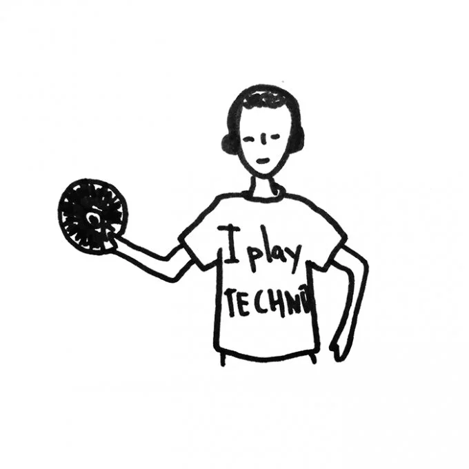 Drawing of a person wearing a T-shirt that says 'I play TECHNI', holding a round object, with a neutral facial expression.
