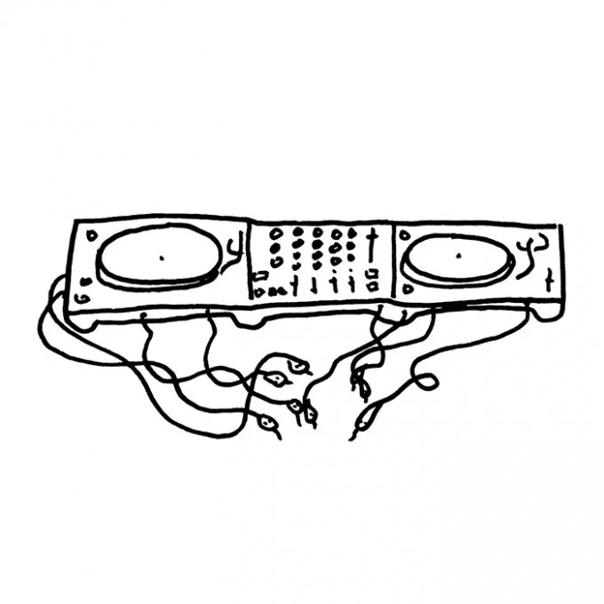 A line drawing of a DJ mixing console with two turntables and various cables hanging below.