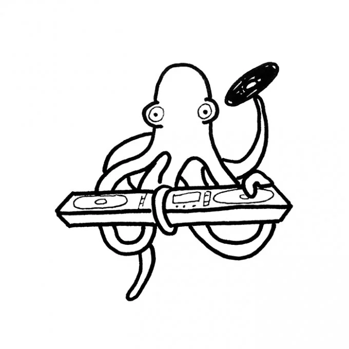 A cartoon octopus DJ with headphones, operating a DJ turntable.
