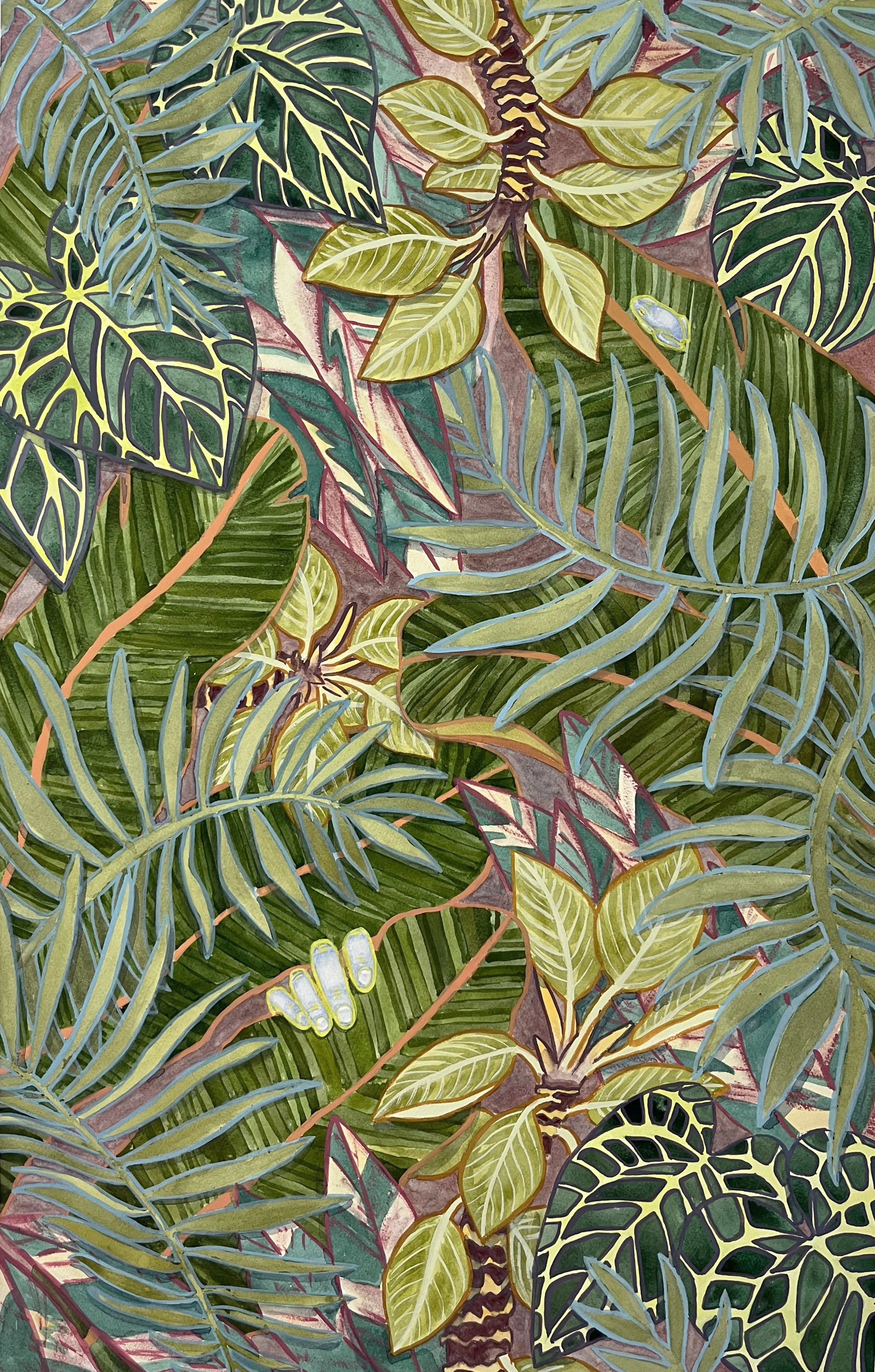 Patterned illustration of various tropical leaves and plants with intricate designs and vibrant green, yellow, and purple colors.