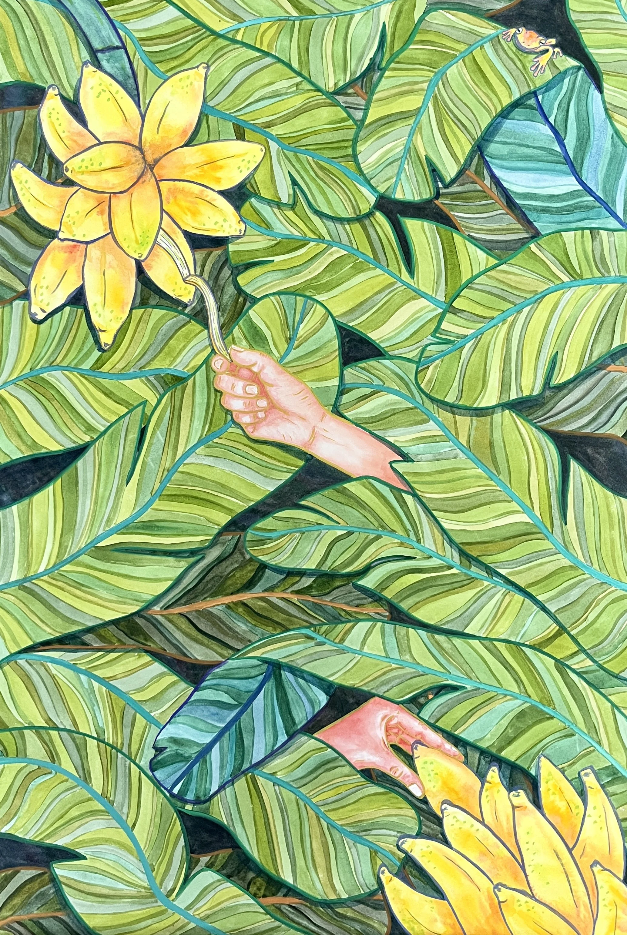 Colorful painting of green tropical leaves with yellow flowers, and hands holding a banana on a stem.