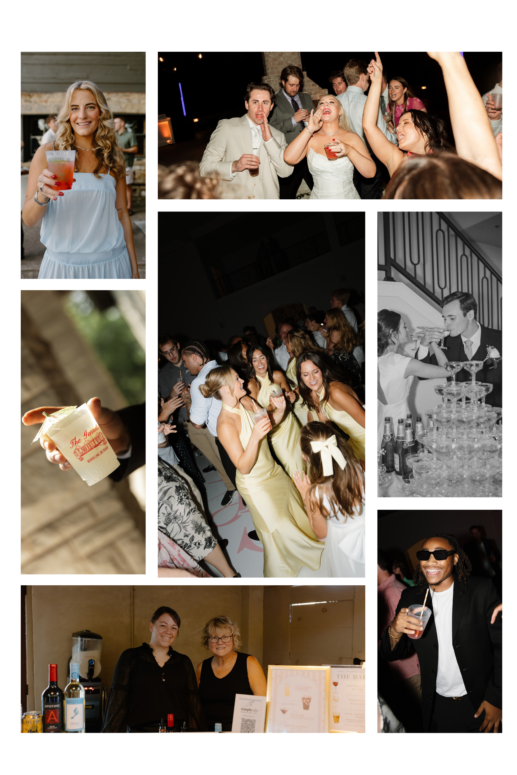 Collage of people at a celebration or party, including a woman in a white dress holding a drink, a group dancing and socializing, and individuals behind a bar serving beverages.