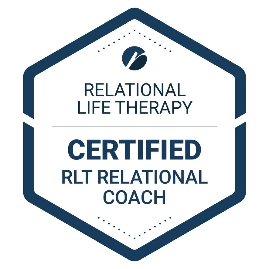 Certificate badge for Relational Life Therapy, indicating certification as an RLT Relational Coach.
