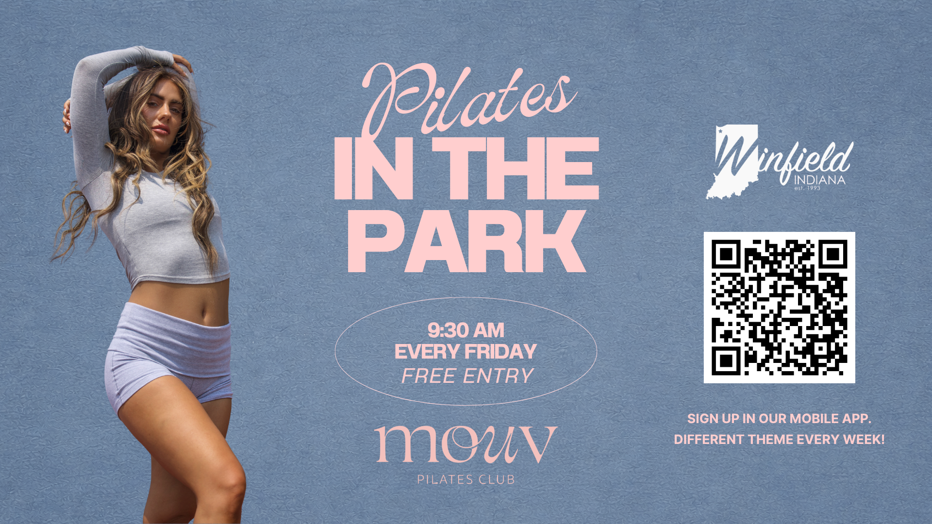 Promotional flyer for Pilates in the Park event at Winfield, Indiana. Features a woman in workout attire, with event details including time, day. Best Pilates studio near Vibehouse pilates clients.