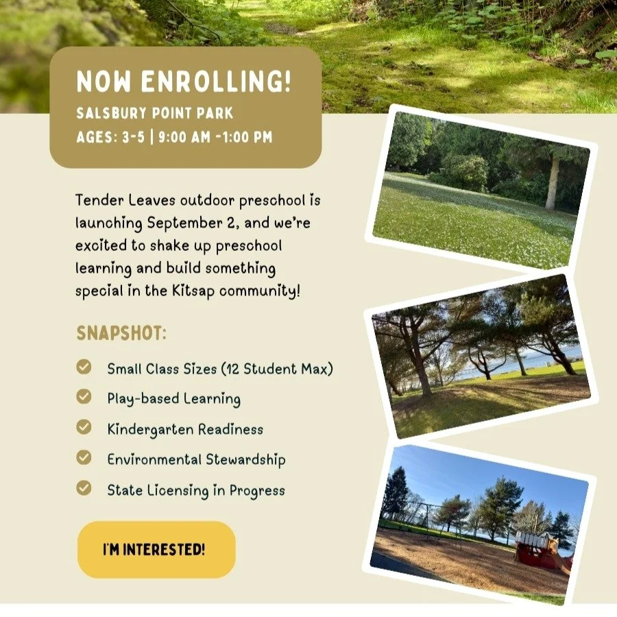 Tender Leaves is so excited to launch this school year! Check out our unique program and find out how your child will thrive with us.
www.Tenderleavespreschool.com/about
#kitsap #preschool #poulsbo #naturebasedlearning #earlylearning #kingstonwa