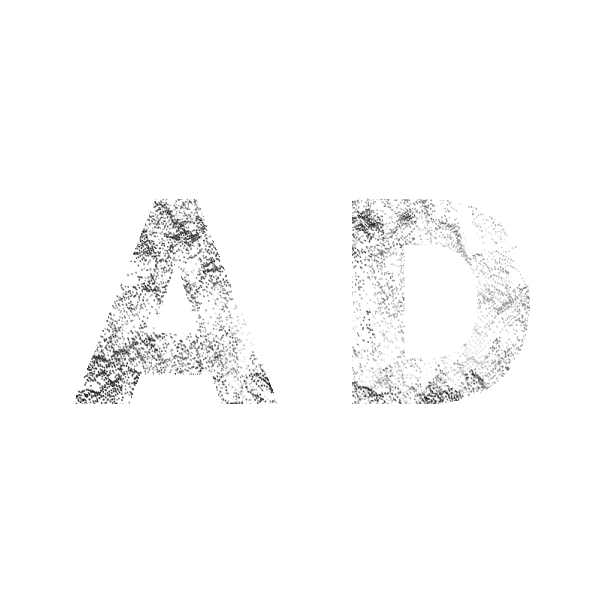 Les lettres 'A' et 'D' en blanche sur fond noir, avec un style texturé ou brouillé.