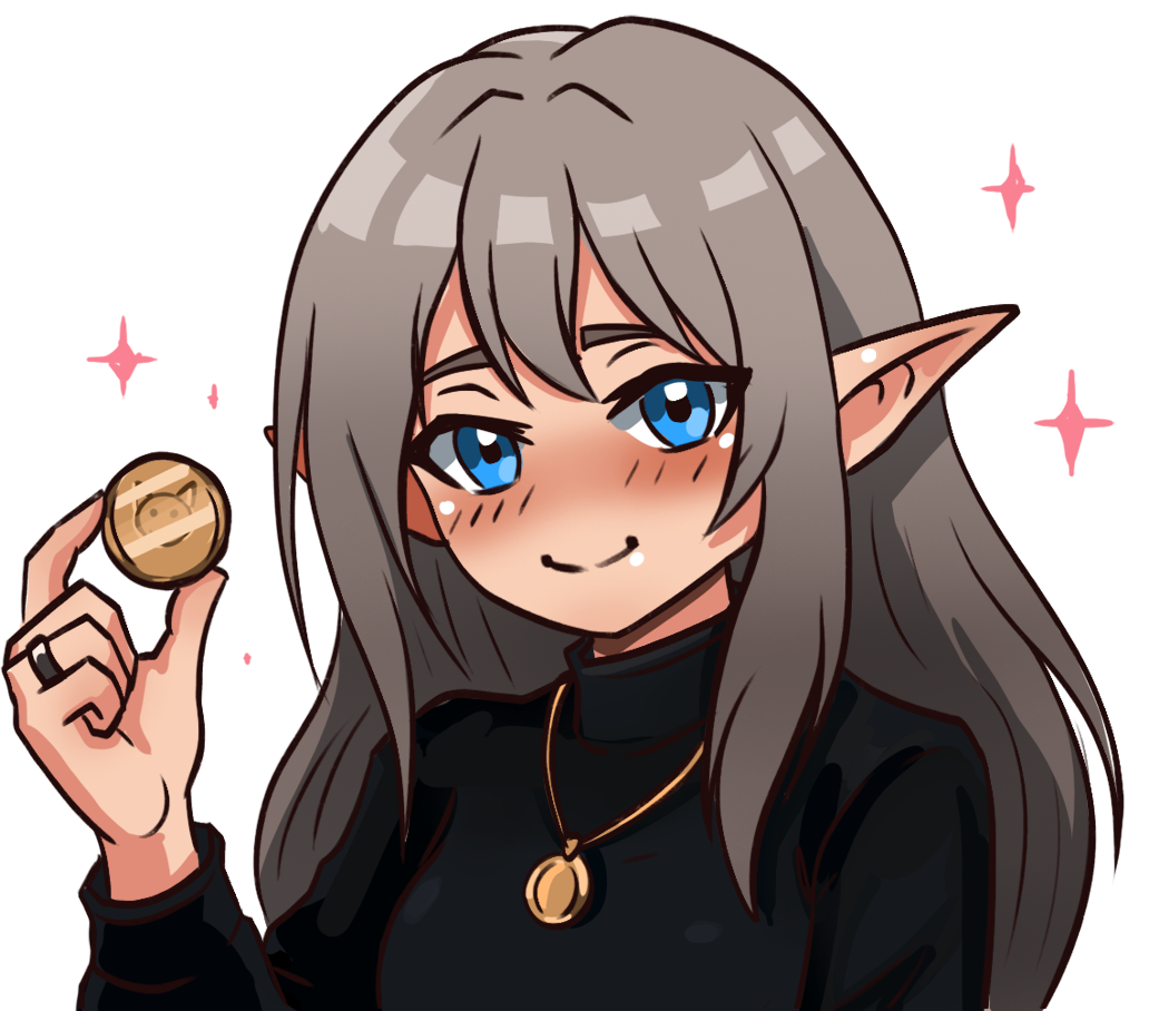 Anime-style girl with pointed elf ears, long gray hair, blue eyes, winking, smiling, holding a cookie in her right hand, wearing a black top and gold jewelry.