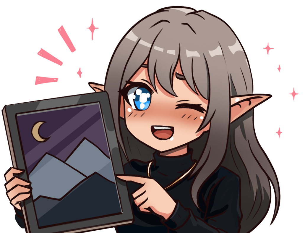 A cute anime-style girl with gray hair, pointy ears, and big blue eyes, winking and pointing at a framed picture of mountains, a moon, and stars, surrounded by pink sparkles.