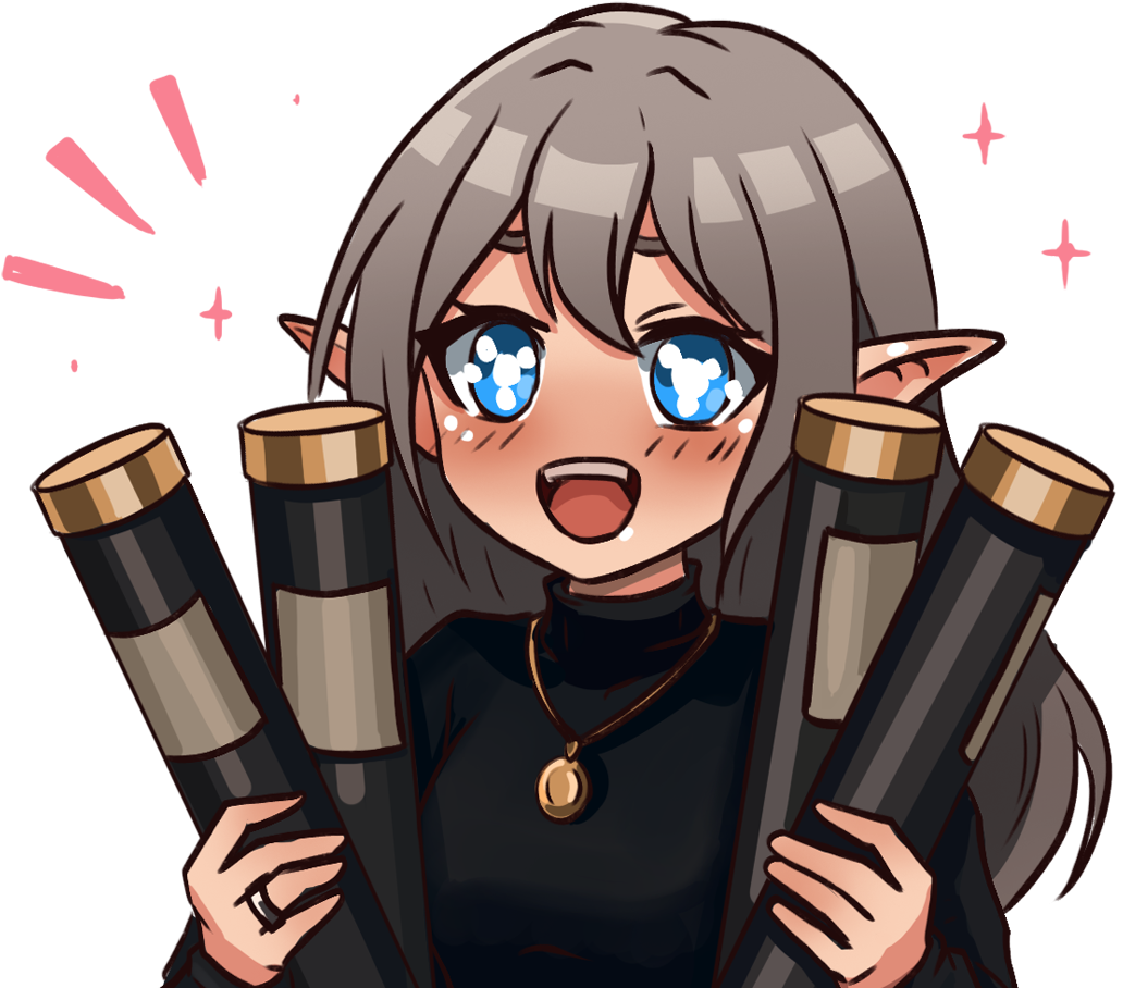 Anime-style character with gray hair, blue eyes, elf-like ears, blushing, holding four large black and gold cannons, wearing a black top with a gold pendant necklace.