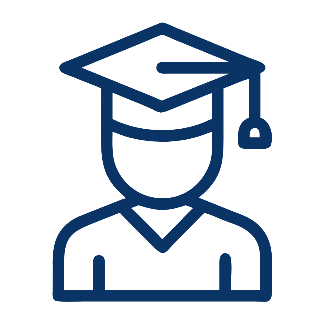 Line drawing of a person wearing a graduation cap and gown, symbolizing education or graduation.