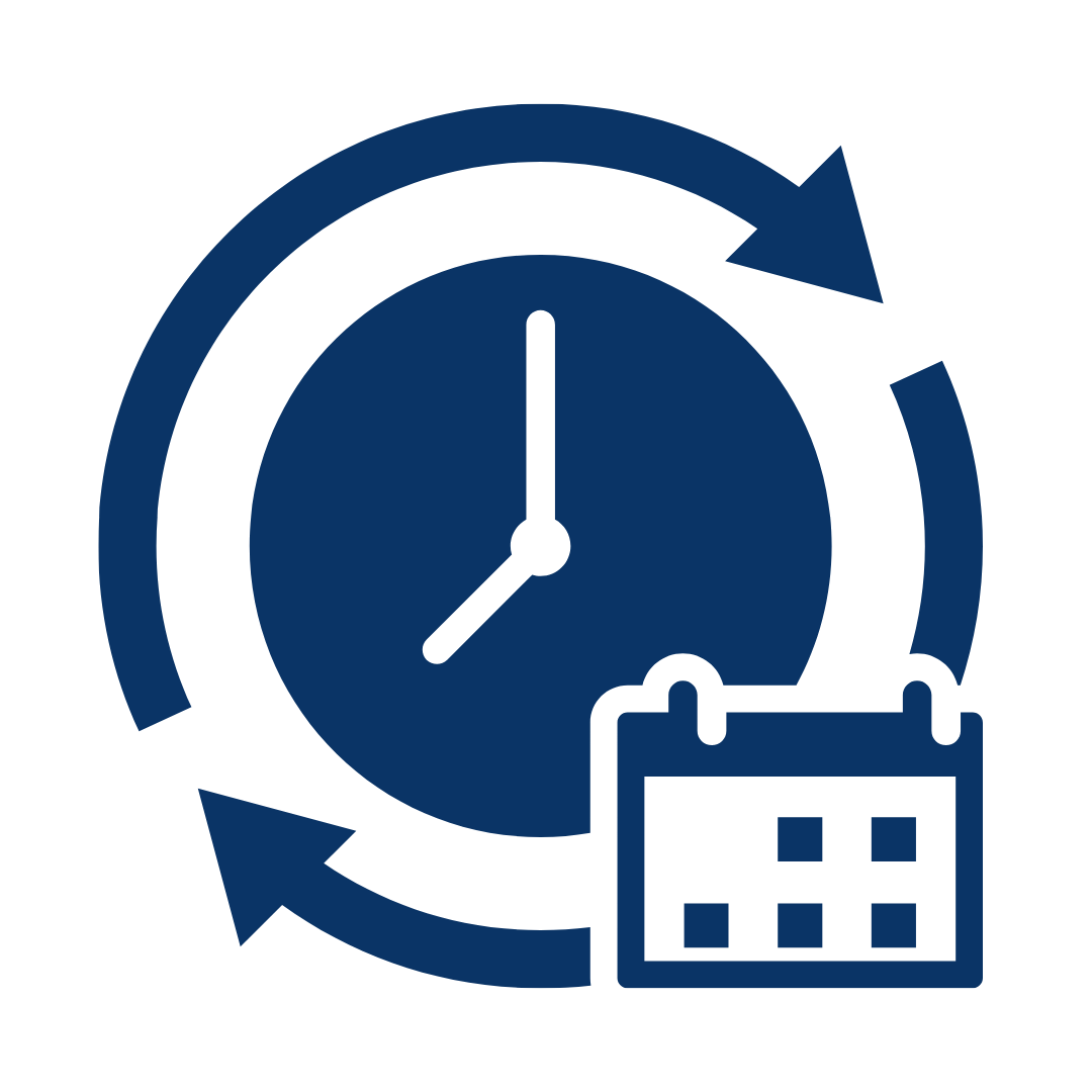 Clock with circular arrows around it, and a calendar icon at the bottom right.