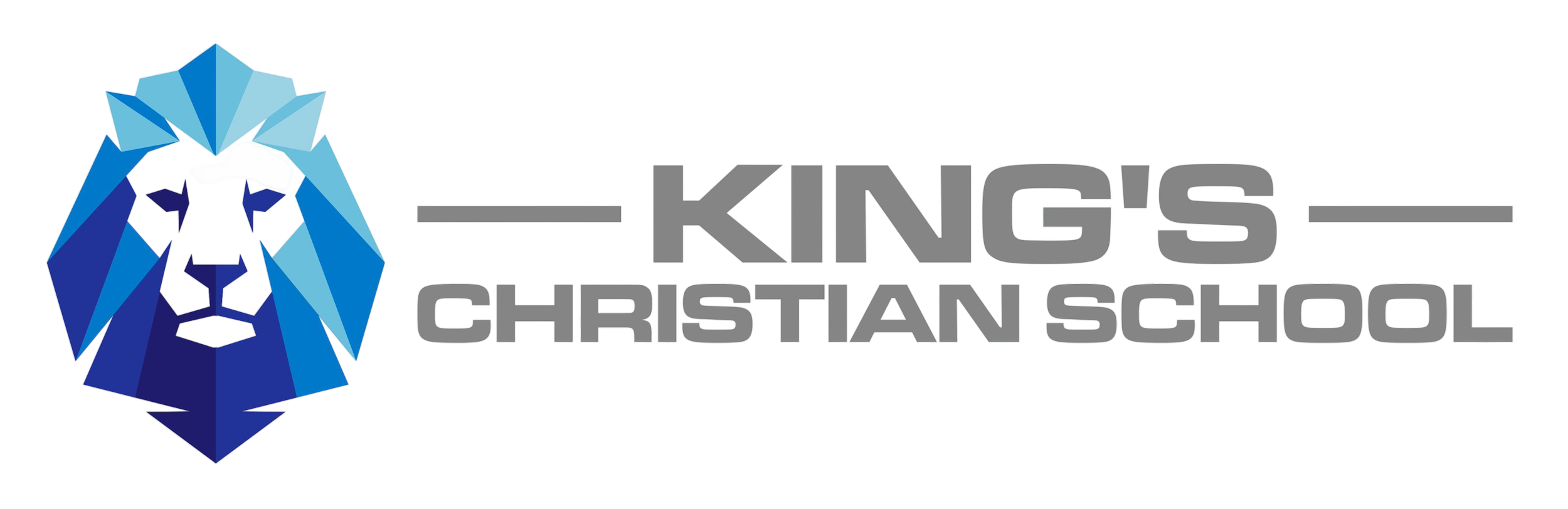 Logo of Kings Christian School featuring a stylized blue lion's head and bold gray and red text.