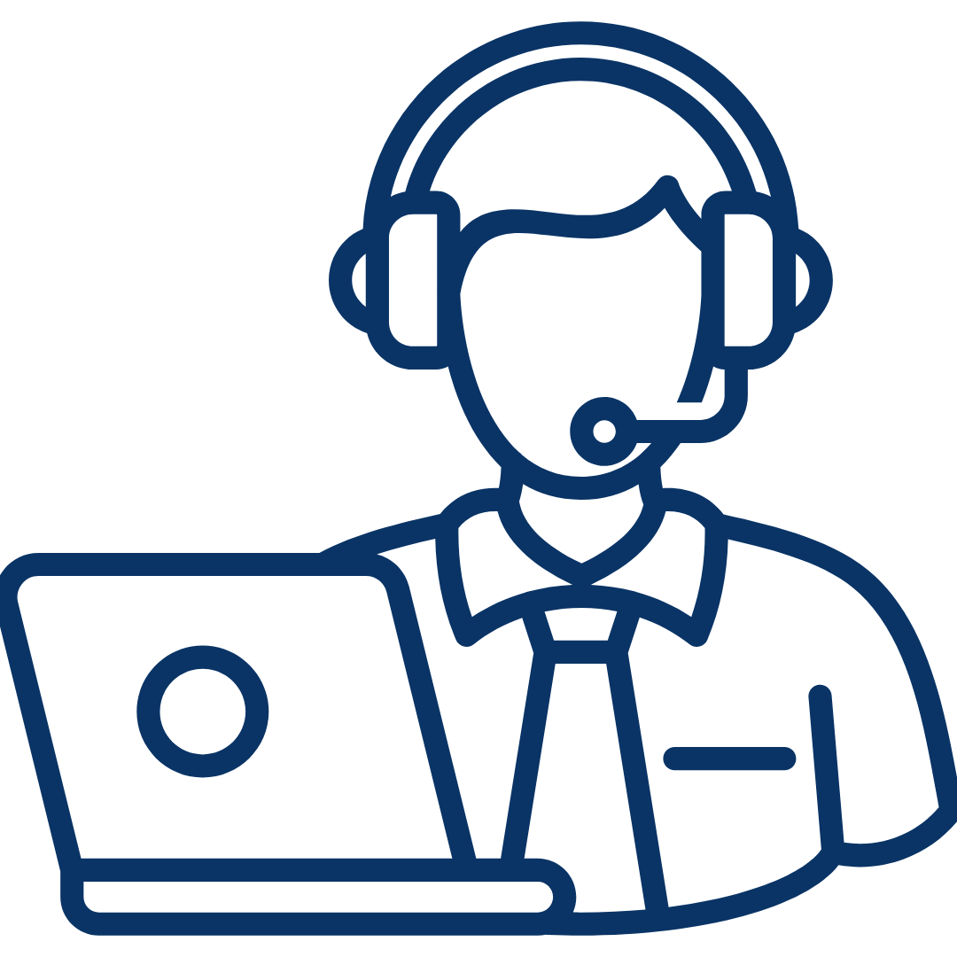 Line art icon of a customer service representative wearing a headset, sitting at a desk with a laptop.