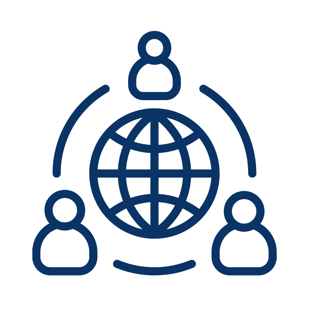 Icon of three people connected around a globe, representing global collaboration or networking.